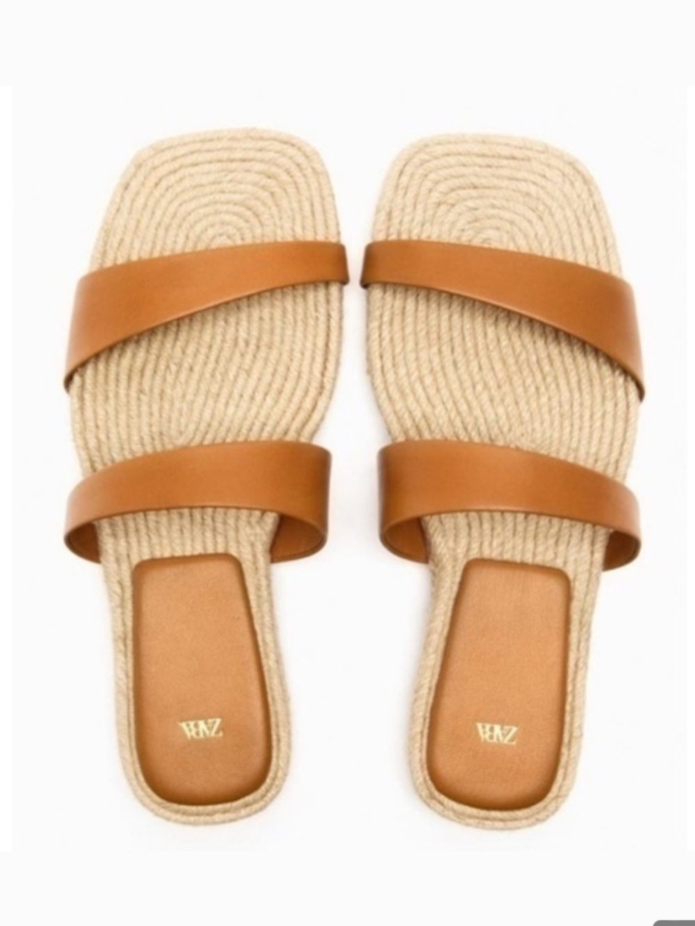 Zara Square Toe Leather Two Strap OpenToe Sandal With Jute Sole Chestnut Size 39